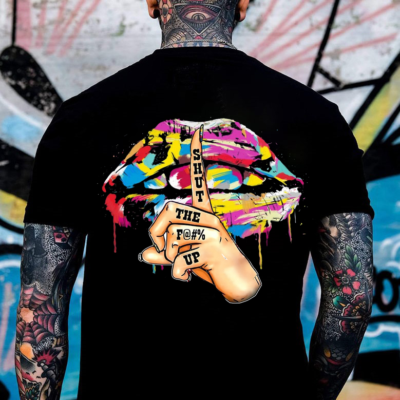 SHUT THE FUCK UP Colorful Graffiti Lips Print Men's T-Shirt