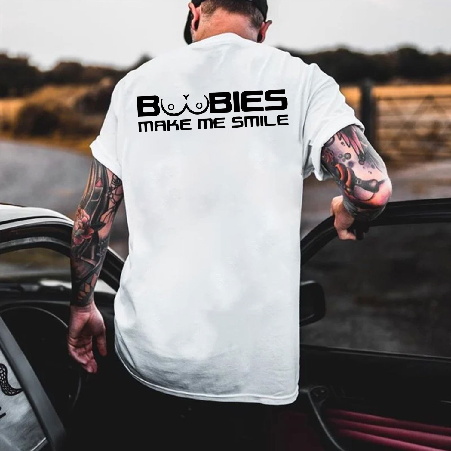 BOOBIES MAKE ME SMILE Letter Graphic White Print T-shirt