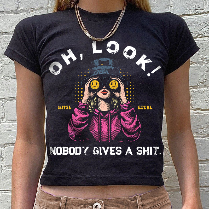 OH LOOK NOBODY GIVES A SHIT Blonde With Telescope Print Women's Cropped T-shirt