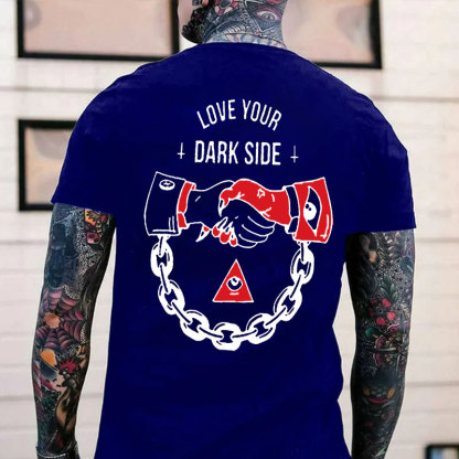 LOVE YOUR DARK SIDE Shaking Hands Graphic White Print T-shirt