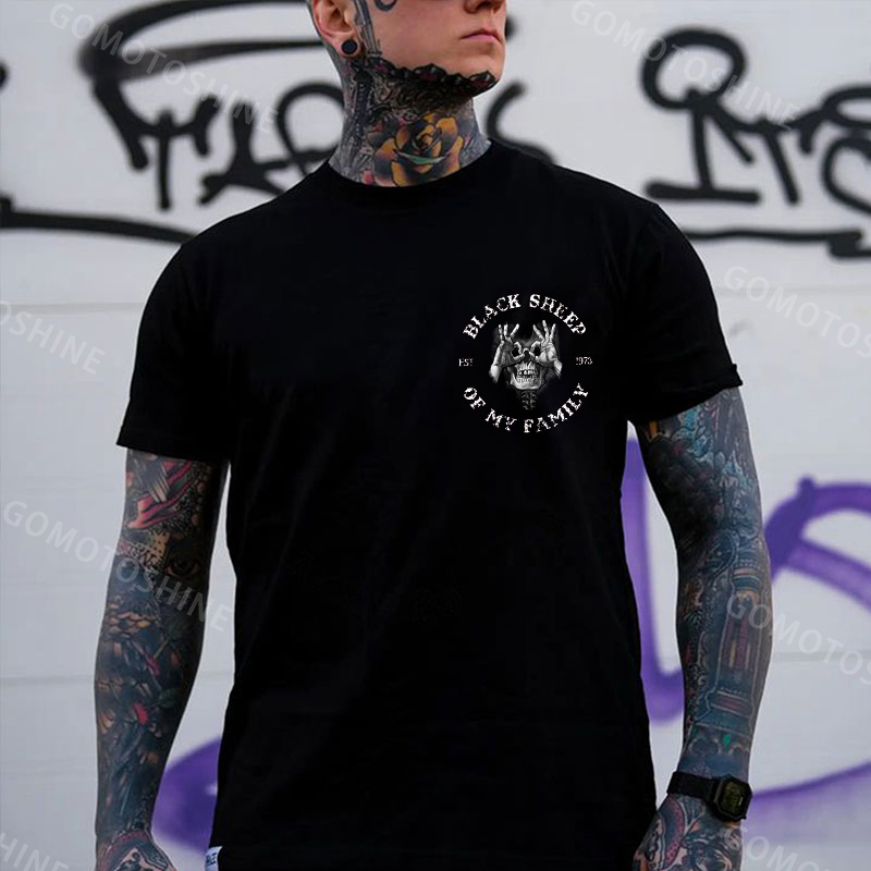 BLACK SHEEP OF MY FAMILY Skull Black Print T-Shirt Image - 2