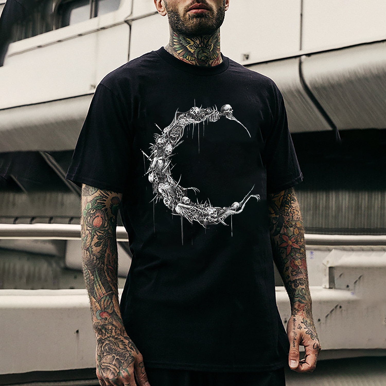 Skeleton Moon Letter C Shape Black Print T-shirt