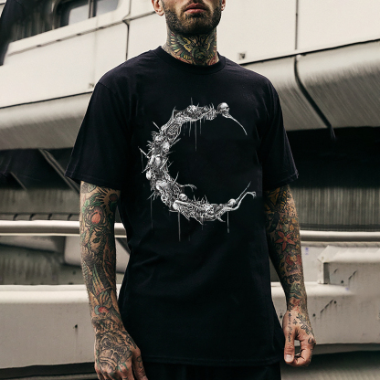 Skeleton Moon Letter C Shape Black Print T-shirt