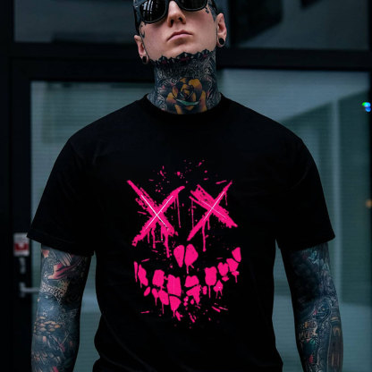 Fluorescent Pink Evil Emoji Graphic Black Print T-Shirt