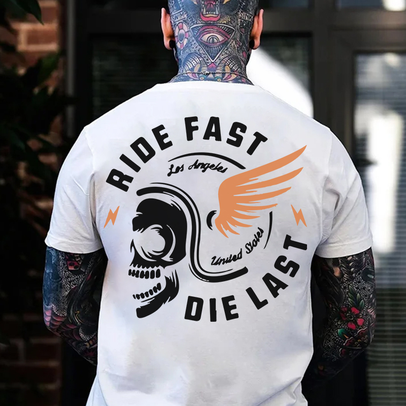 RIDE FAST DIE LAST Crazy Skull with a wings helmet Black Print T-shirt