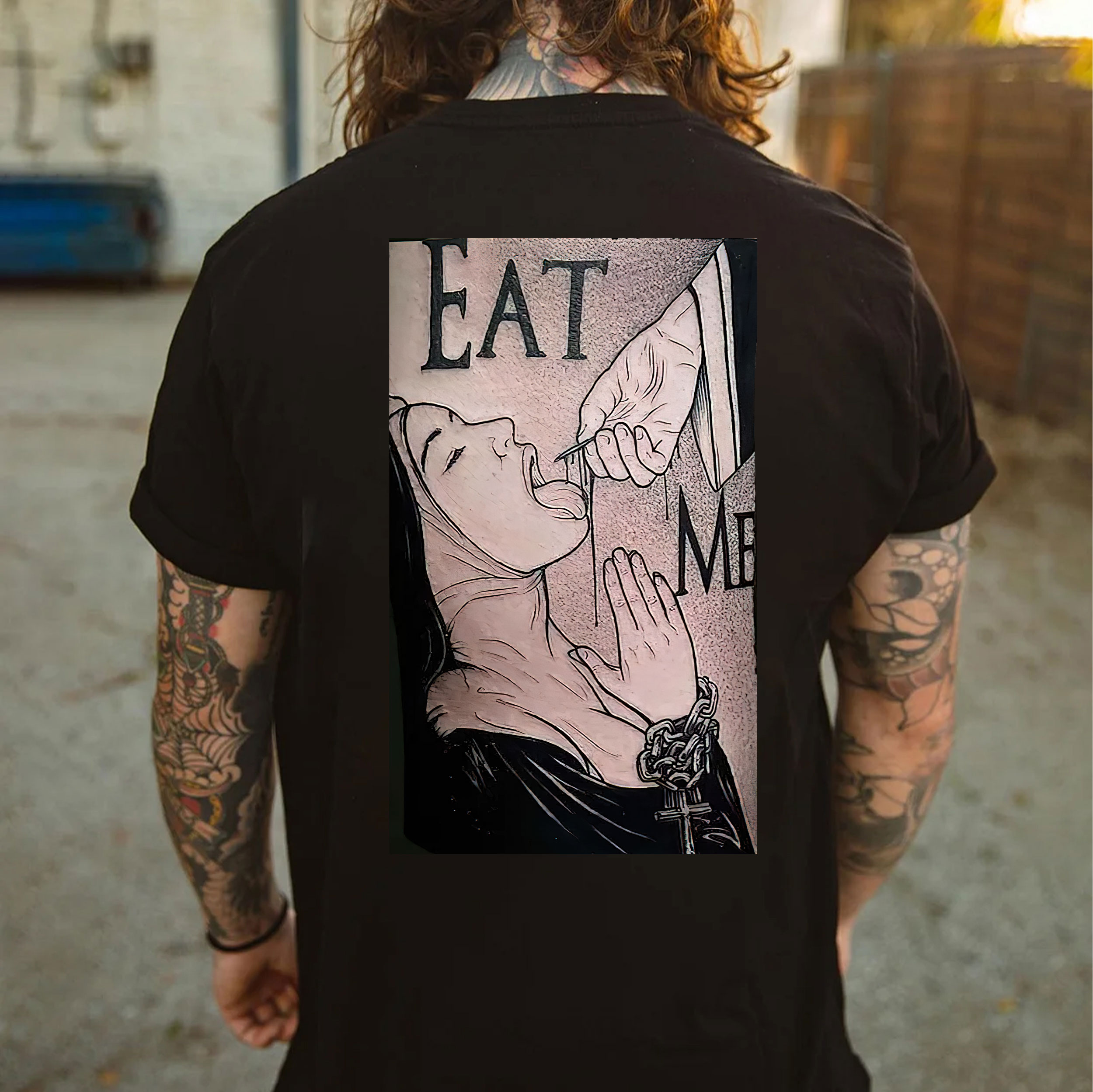 EAT ME Sexy Lady with Dirty Item Black Print T-shirt