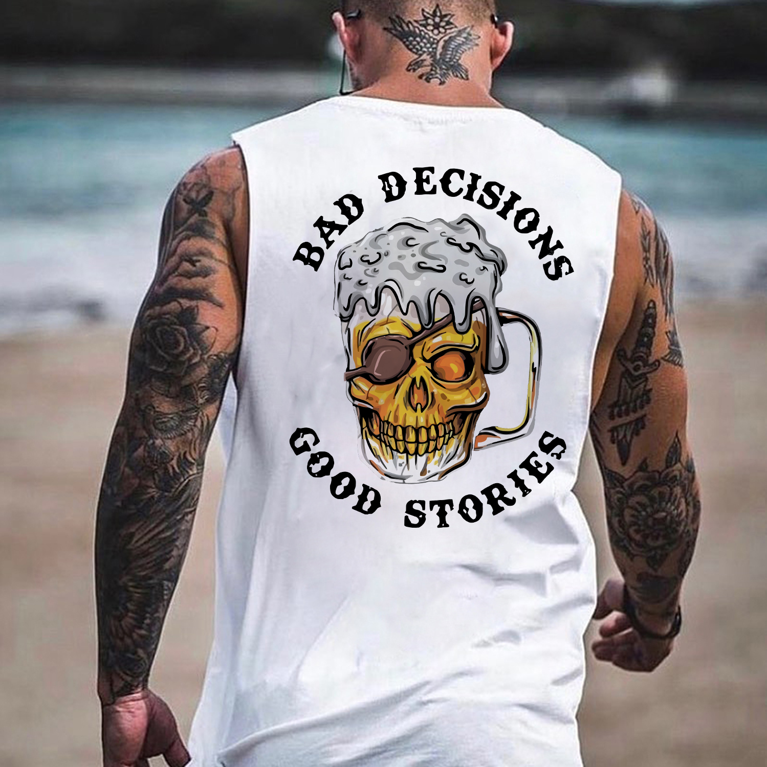 BAD DECISIONS GOOD STORIES Beer Skull Print Men's Vest