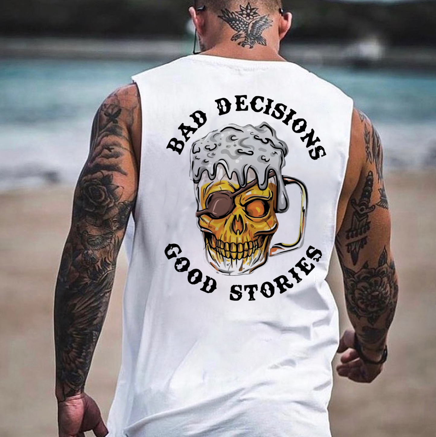 BAD DECISIONS GOOD STORIES Beer Skull Print Men's Vest