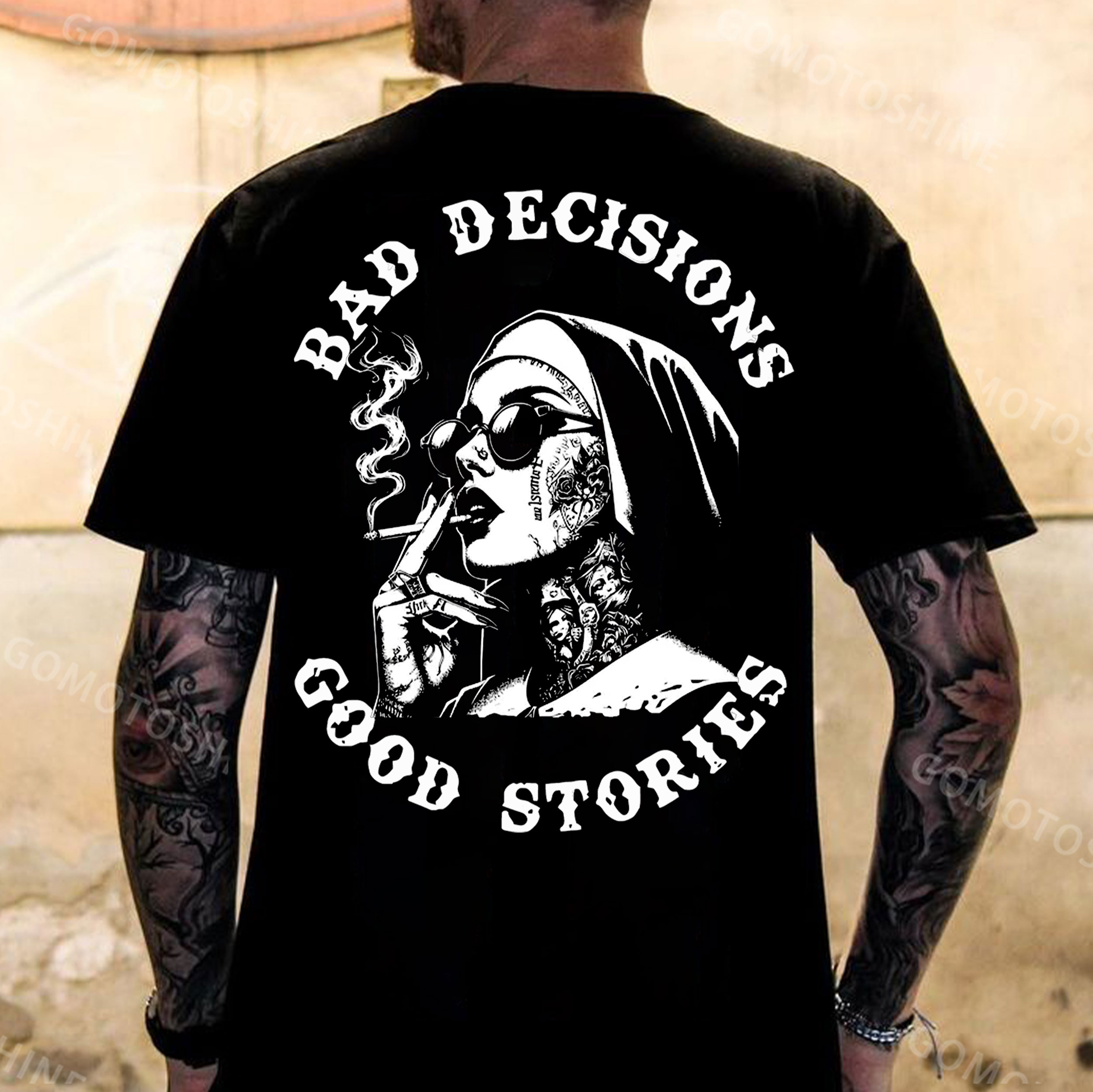 BAD DECISIONS GOOD STORIES Gangster Nun Print Men's T-Shirt