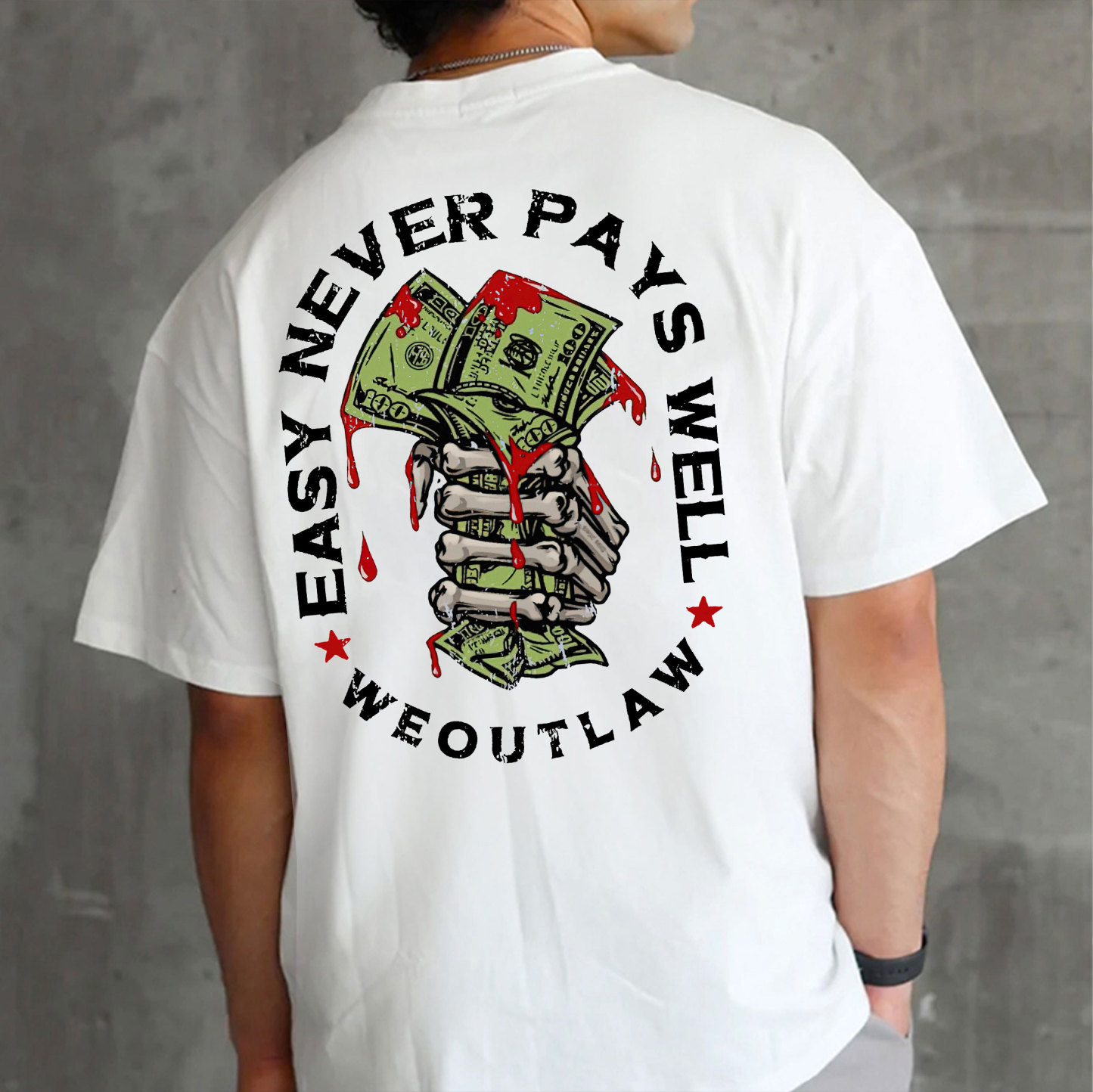 EASY NEVER PAYS WELL Bones and Money White Print T-Shirt