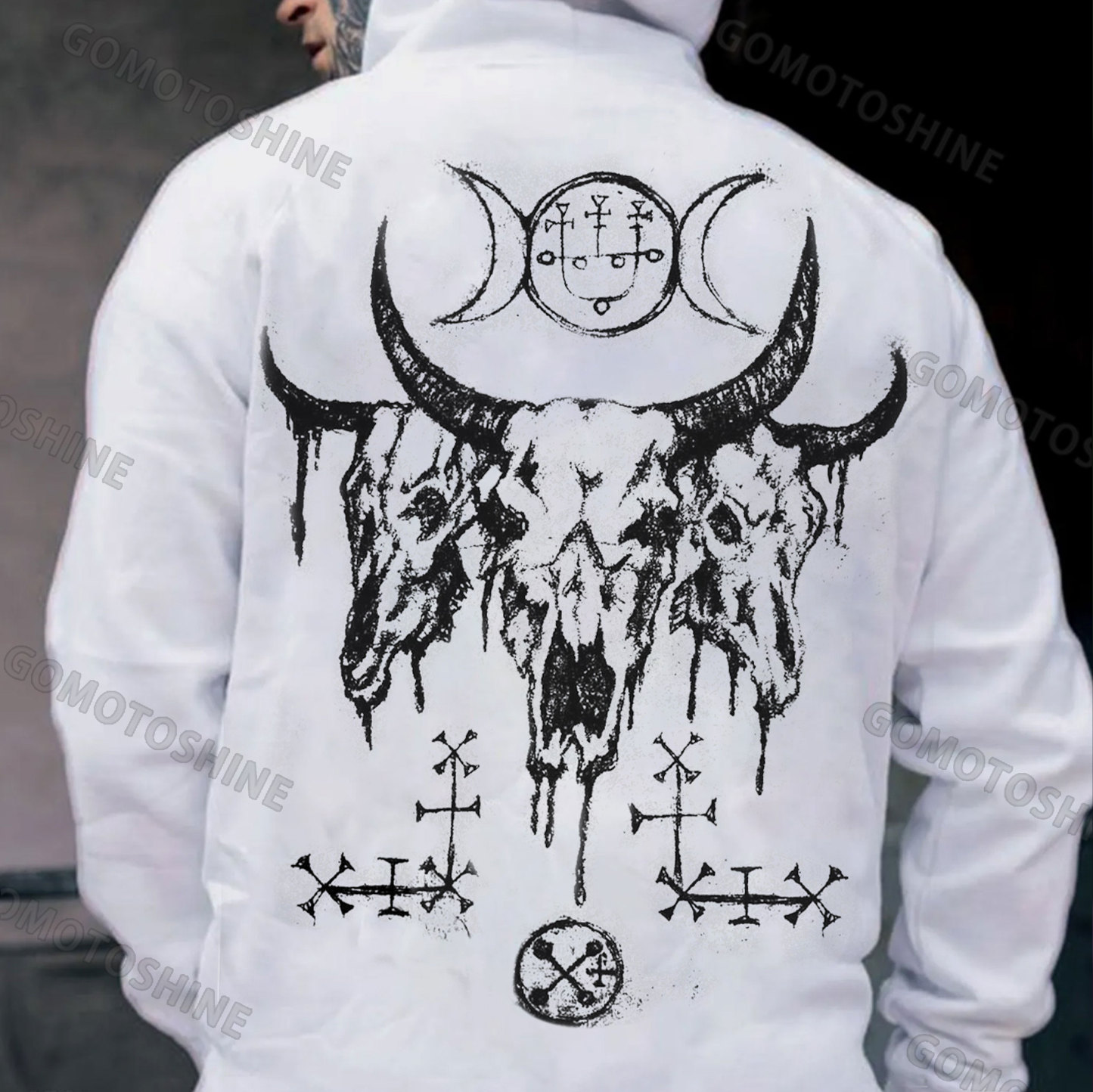 Runes Bull Skull Print Men's Hoodie