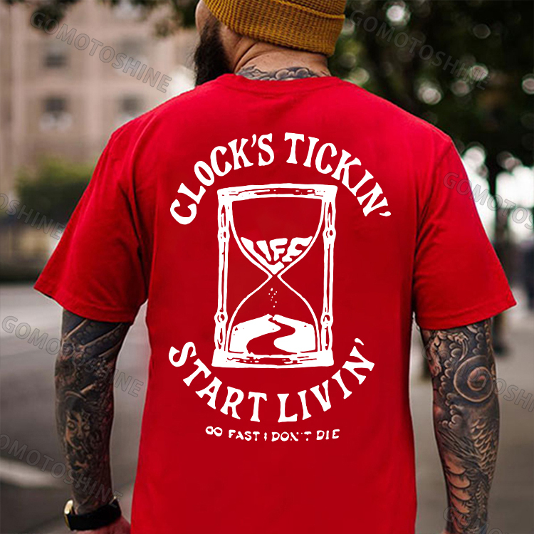 CLOCK’S TICKING START LIVING Funnel Graphic Casual Black Print T-shirt
