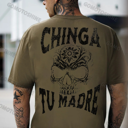 CHINGA TU MADRE Flower Carving Skull Print Men's T-Shirt