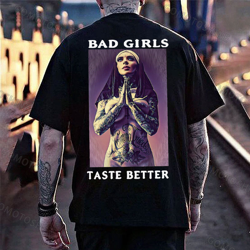 BAD GIRLS TASTE BETTER Tattooed Praying Nun Print Men's T-Shirt