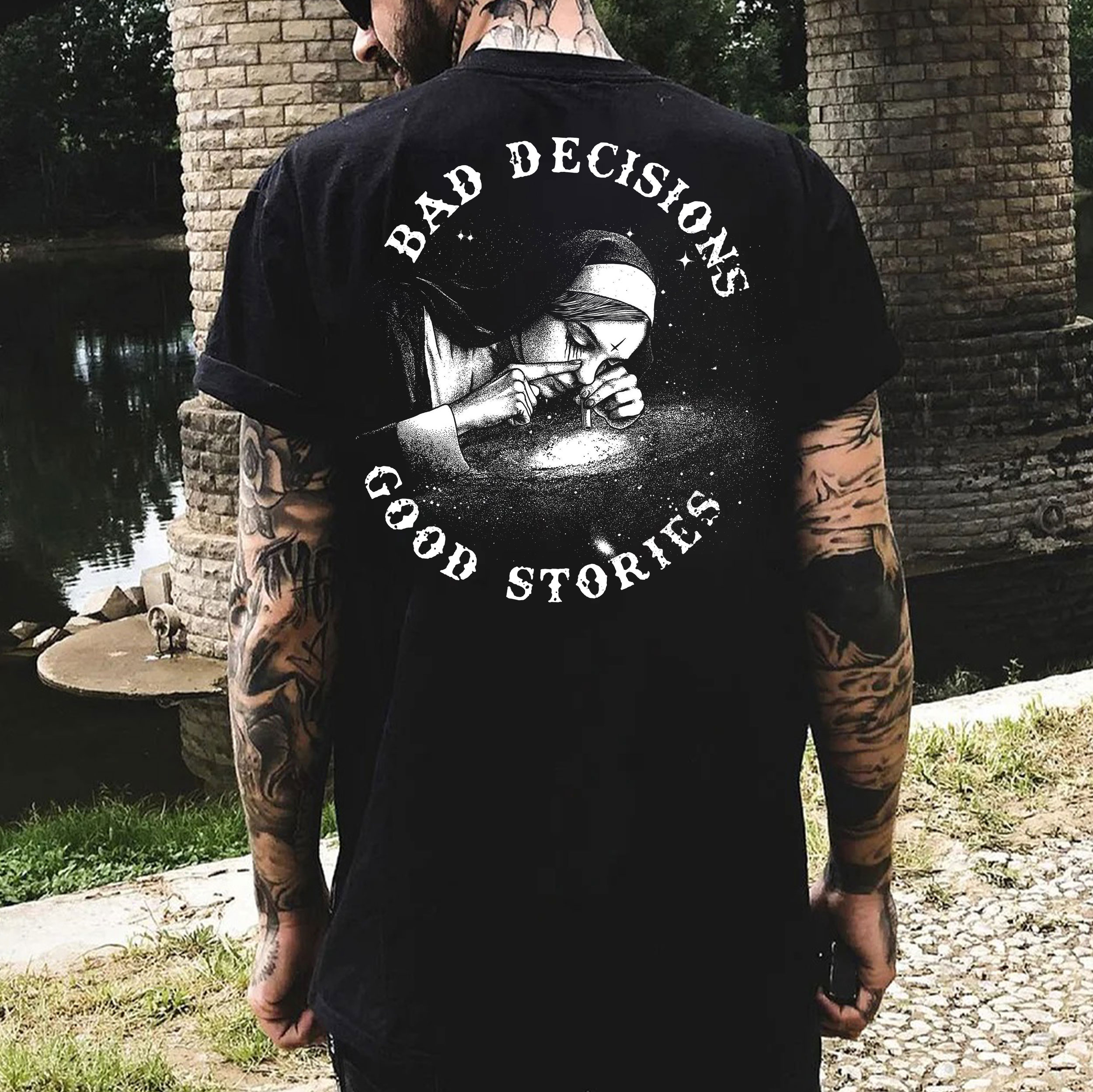BAD DECISIONS GOOD STORIES Nun Smoking Black Print T-Shirt Image - 19
