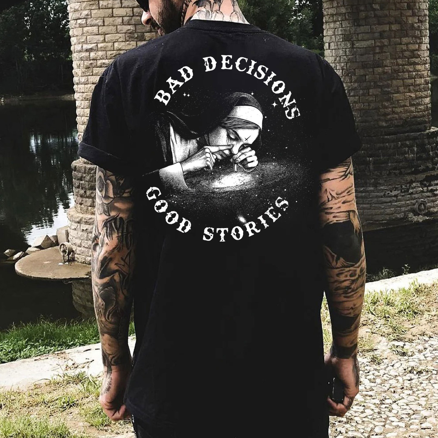 BAD DECISIONS GOOD STORIES Nun Smoking Black Print T-Shirt Image - 19