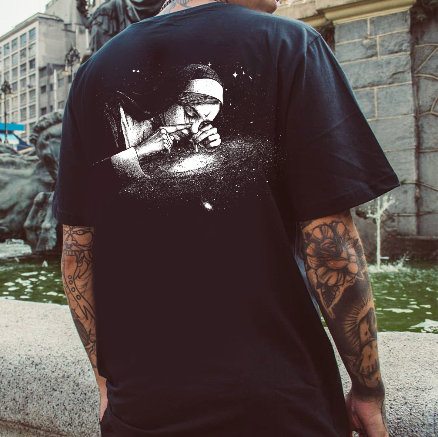 Nun Smoking Dark Style Black Print T-shirt
