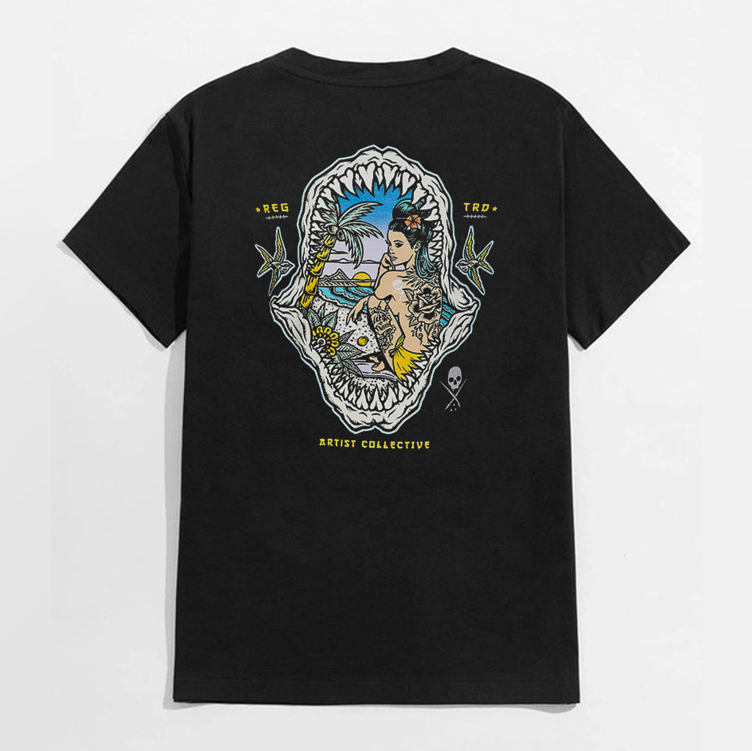 ARTIST COLLECTIVE Tatoo Lady Flowers Casual Graphic Black Print T-shirt