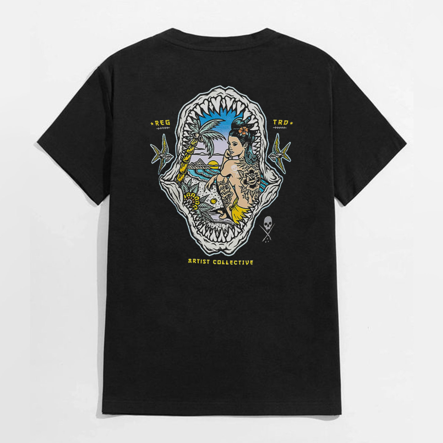 ARTIST COLLECTIVE Tatoo Lady Flowers Casual Graphic Black Print T-shirt