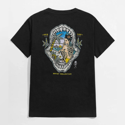 ARTIST COLLECTIVE Tatoo Lady Flowers Casual Graphic Black Print T-shirt