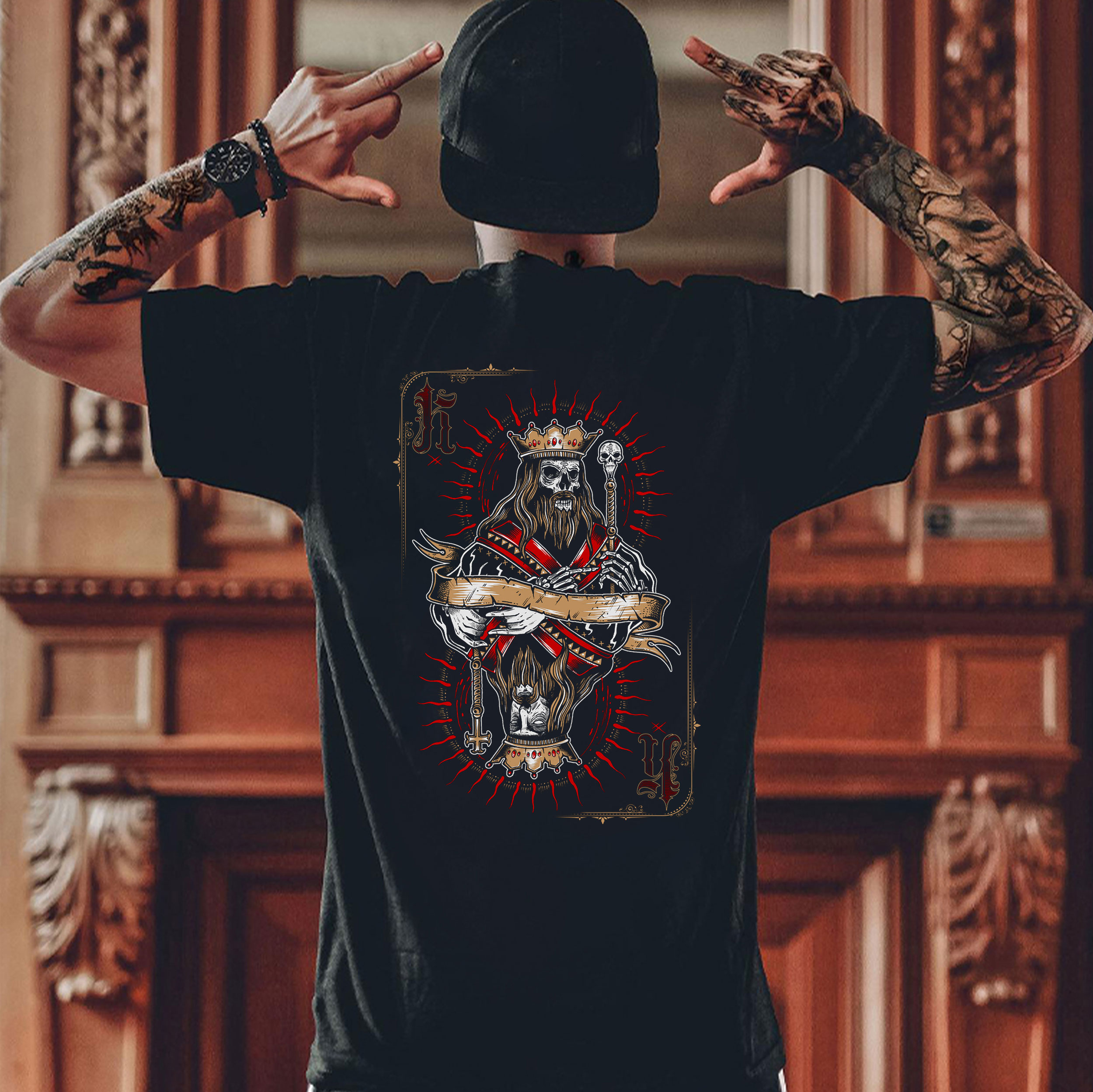 Poker King Skull Tarot Card Graphic Black Print T-Shirt