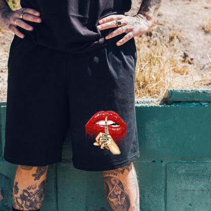 SHUT THE FUCK UP Red Lips Keep Silent Gesture Black Print Shorts