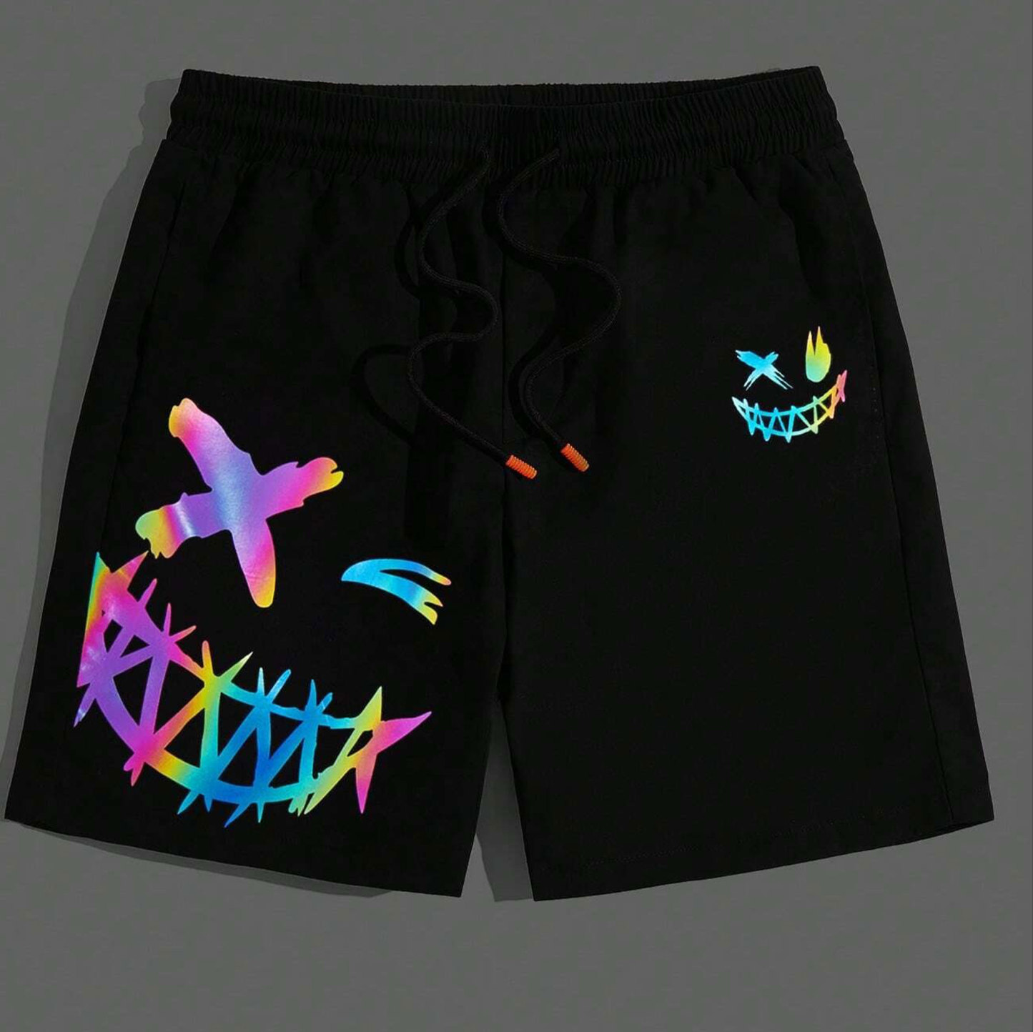Evil Colorful Emoji Graphic Black Print Shorts