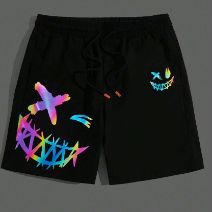 Evil Colorful Emoji Graphic Black Print Shorts