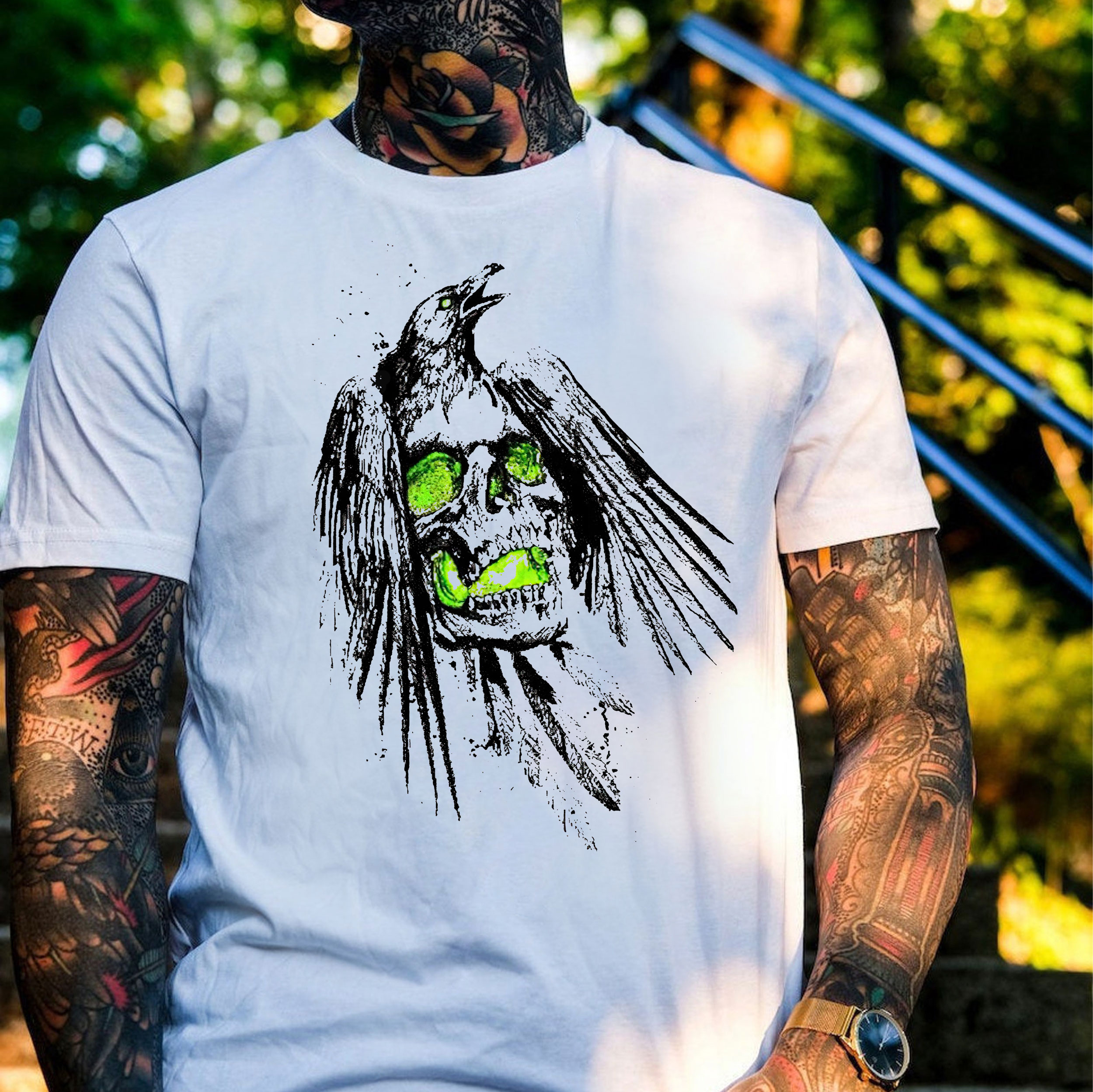 SKULL WITH EAGLE  Graphic White Print Men's T-shirt