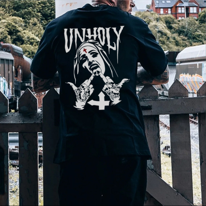 UNHOLY Nun with Crucifix on Forehead Graphic Casual Black Print T-shirt