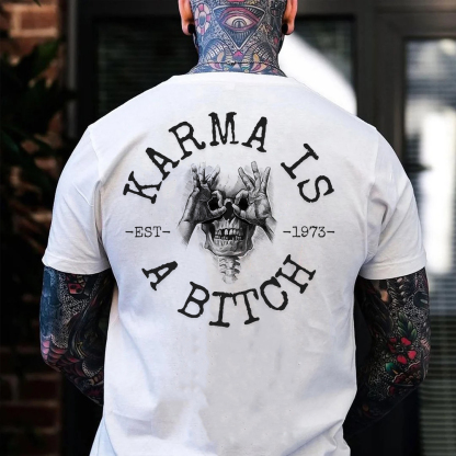 KARMA IS A BITCH Skull With OK Print Men's T-Shirt Image - 3