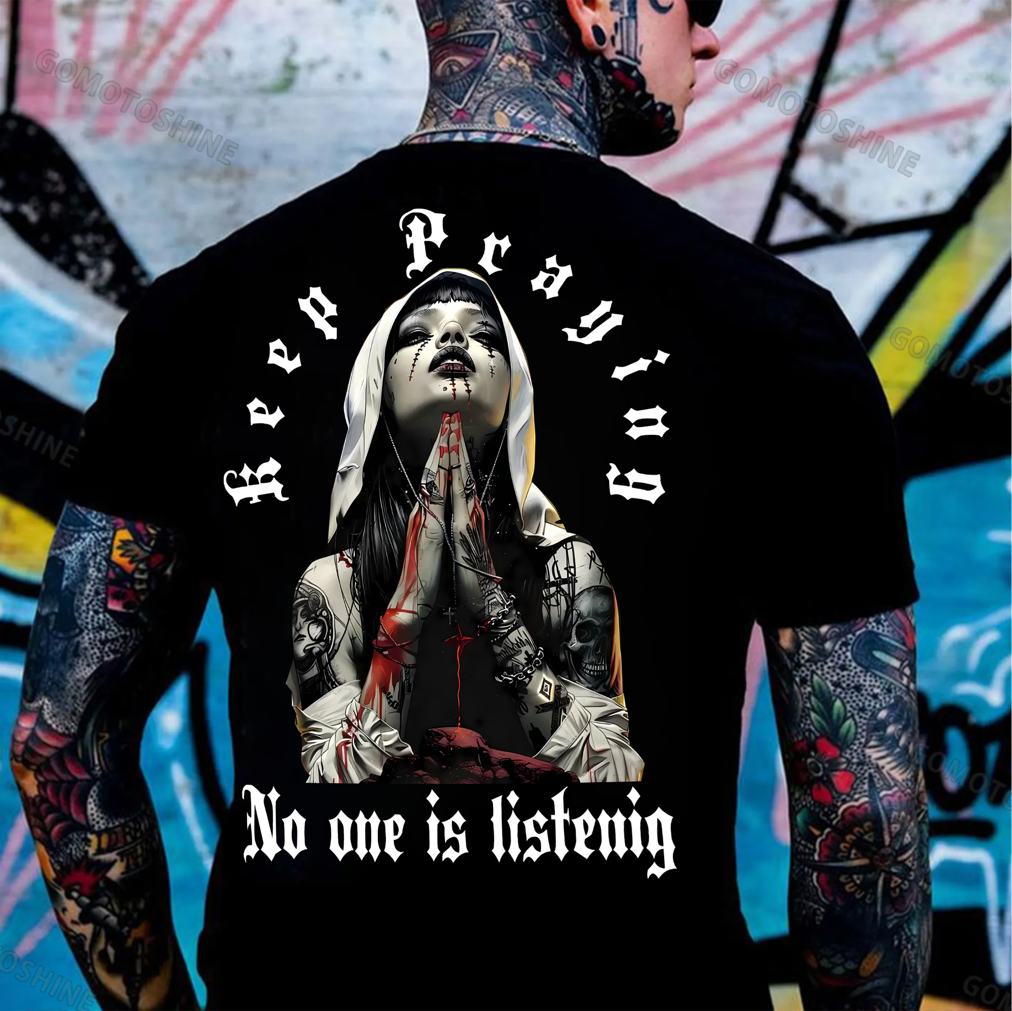KEEP PRAYING NO ONE LISTENING Bleeding Nun Print Men's T-Shirt
