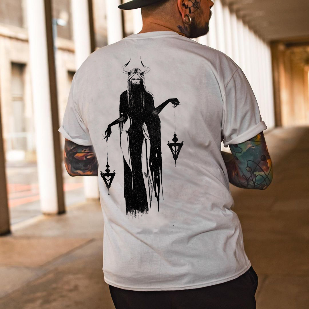 Devil Witch with Light The Night Comer White Print T-shirt