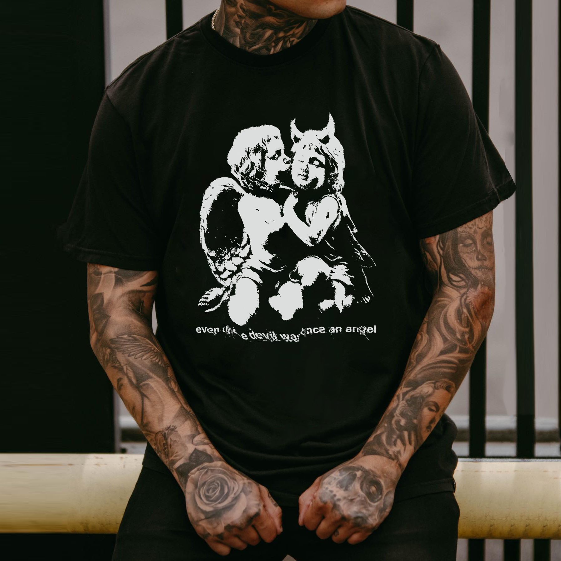 EVEN THE DEVIL WAS ONCE AN ANGEL Black Print T-shirt