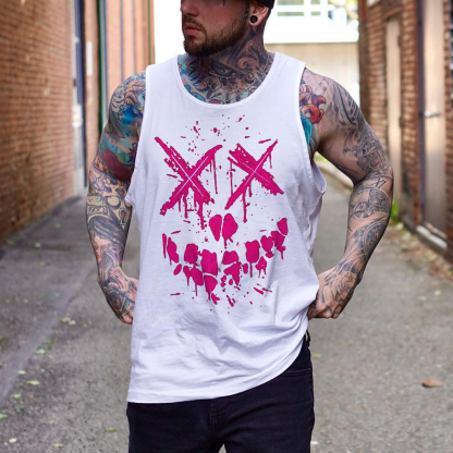 Fluorescent Pink Evil Emoji Graphic Black Print Vest