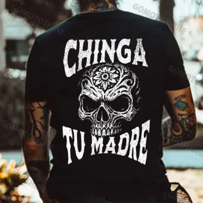CHINGA TU MADRE Flower Carving Skull Print Men's T-Shirt