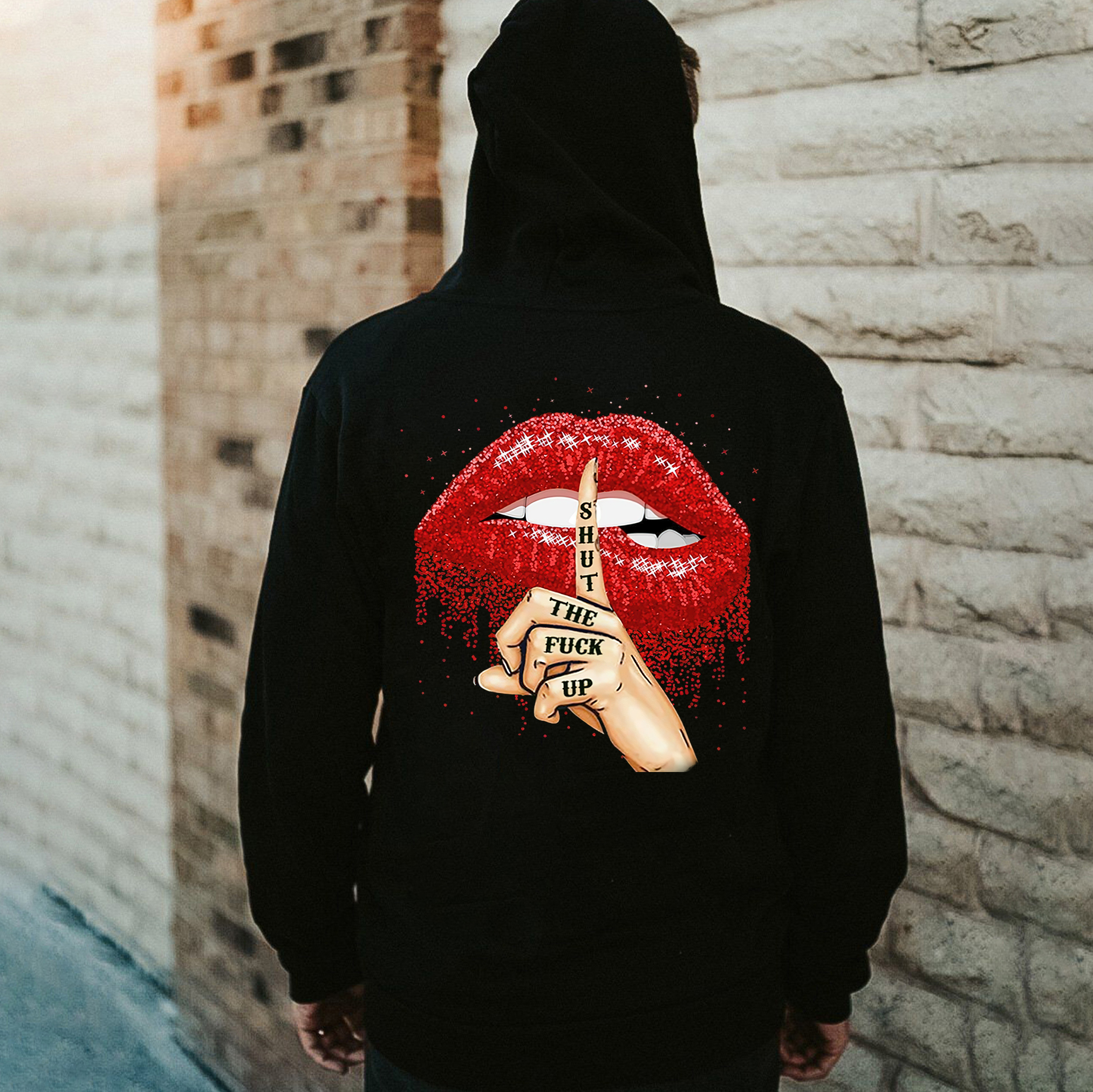 SHUT THE FUCK UP Sexy Red Lips Black Print Hoodie