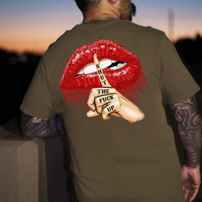 SHUT THE FUCK UP Sexy Lips Keeping Silent Black Print T-Shirt