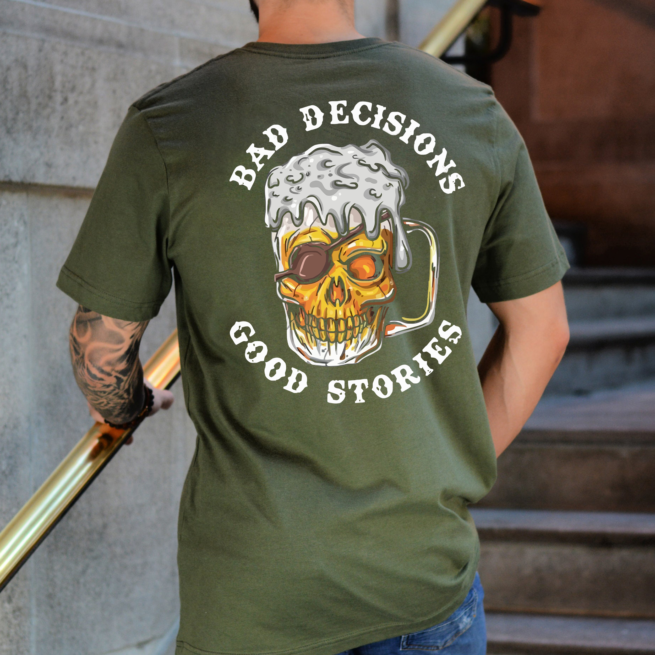 BAD DECISIONS GOOD STORIES Black Print T-Shirt Image - 6