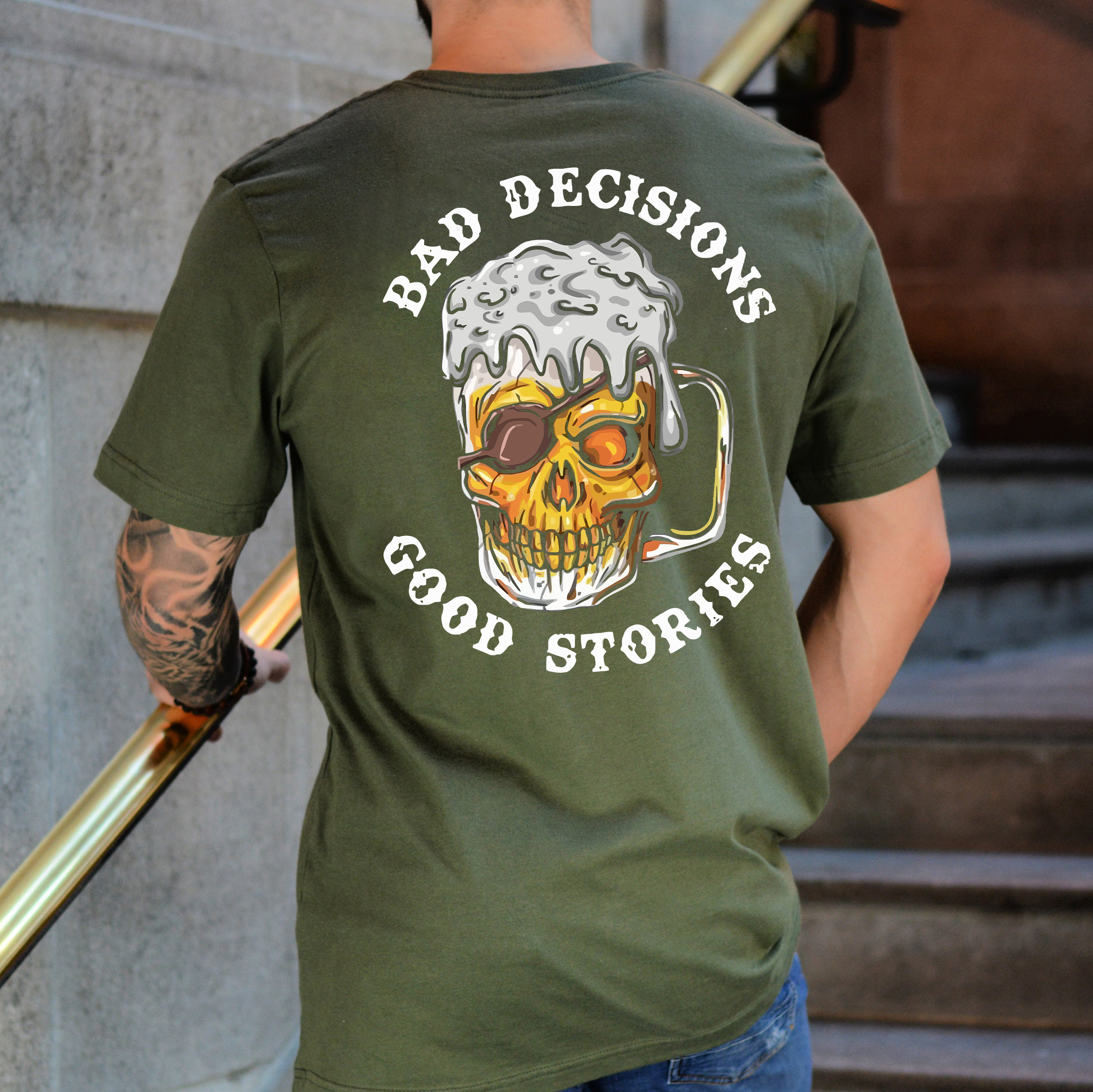 BAD DECISIONS GOOD STORIES Black Print T-Shirt