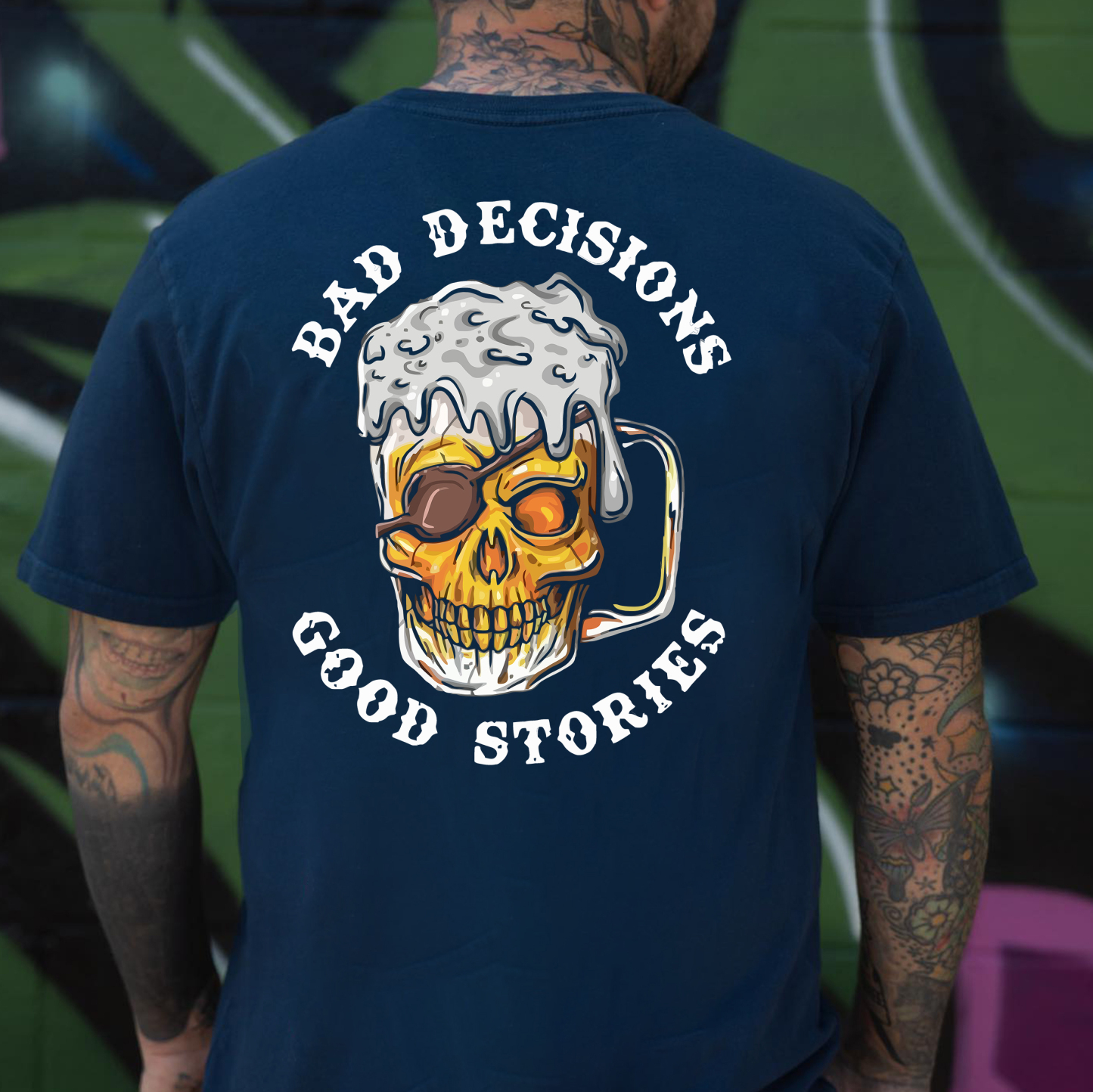 BAD DECISIONS GOOD STORIES Black Print T-Shirt Image - 5