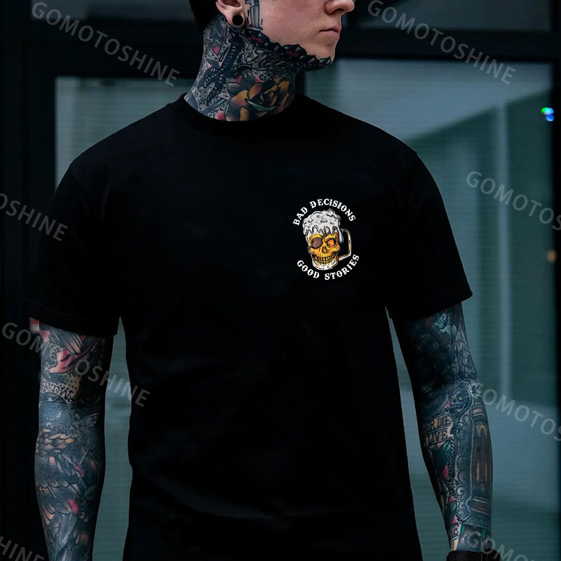 BAD DECISIONS GOOD STORIES Black Print T-Shirt Image - 2
