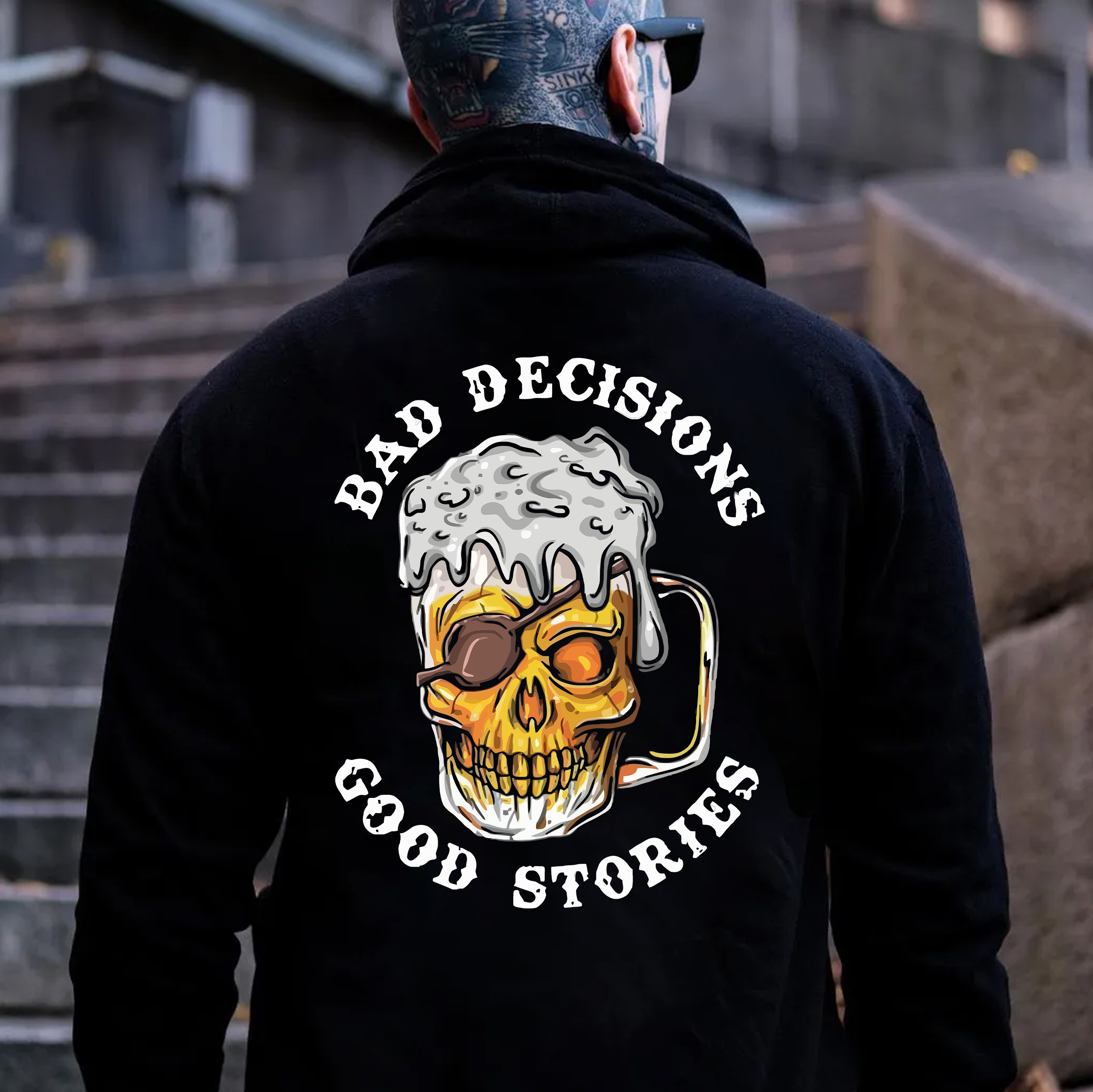 BAD DECISIONS GOOD STORIES Black Print Hoodie