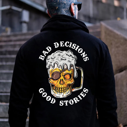 BAD DECISIONS GOOD STORIES Black Print Hoodie
