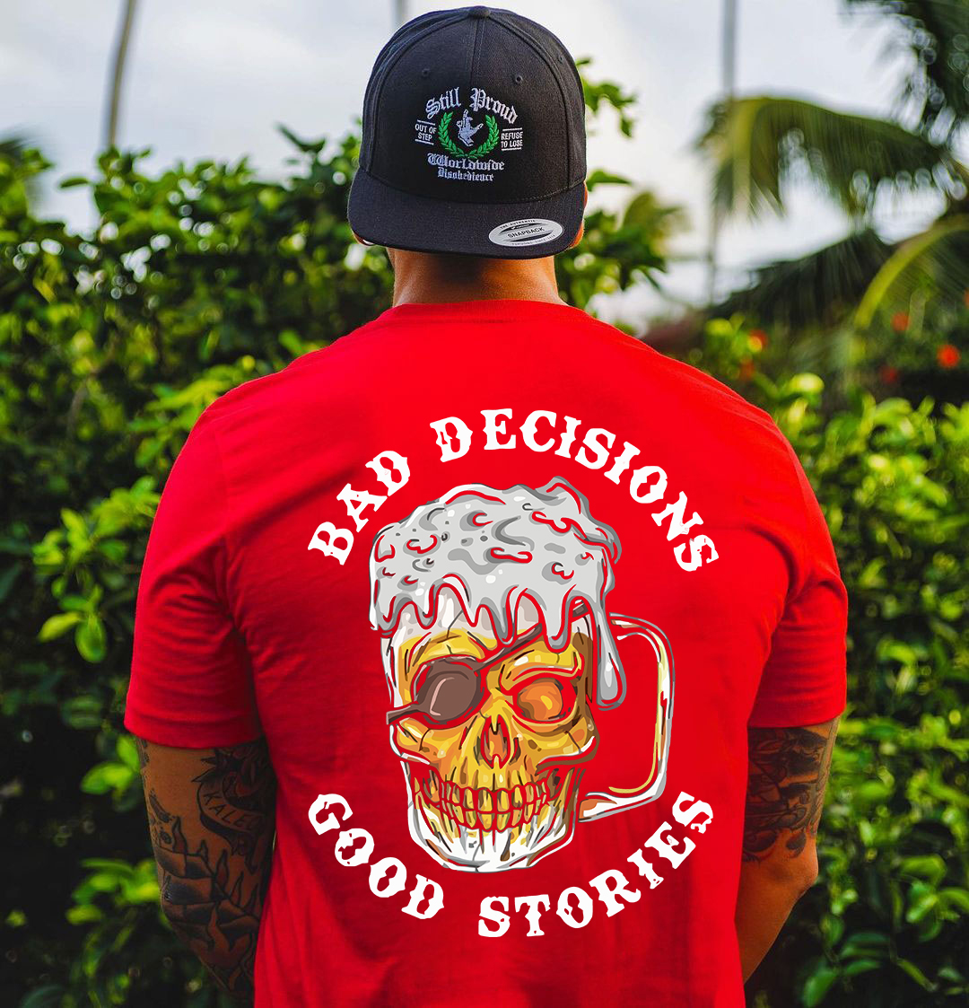 BAD DECISIONS GOOD STORIES Black Print T-Shirt Image - 7
