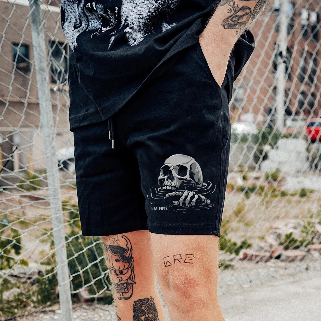 I'M FINE Drowning Skeleton Black Print Shorts