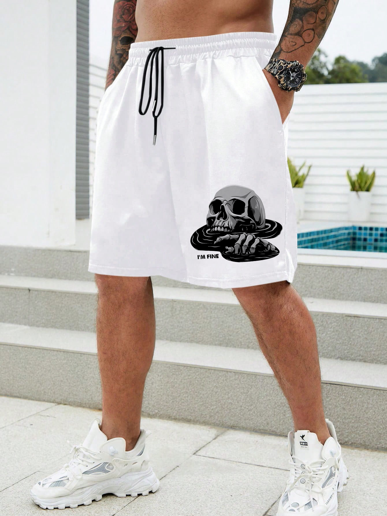 I'M FINE Drowning Skeleton Black Print Shorts