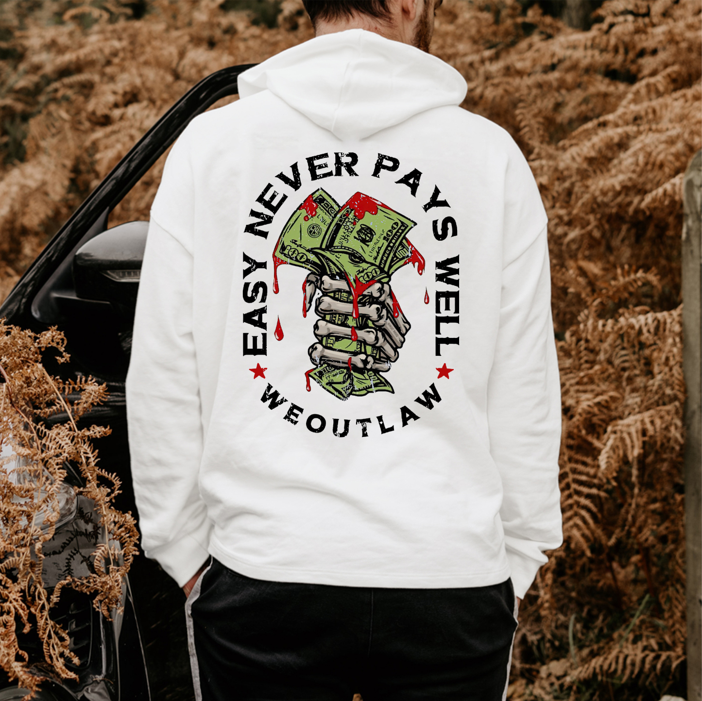EASY NEVER PAYS WELL WEOUTLAW White Print Hoodie