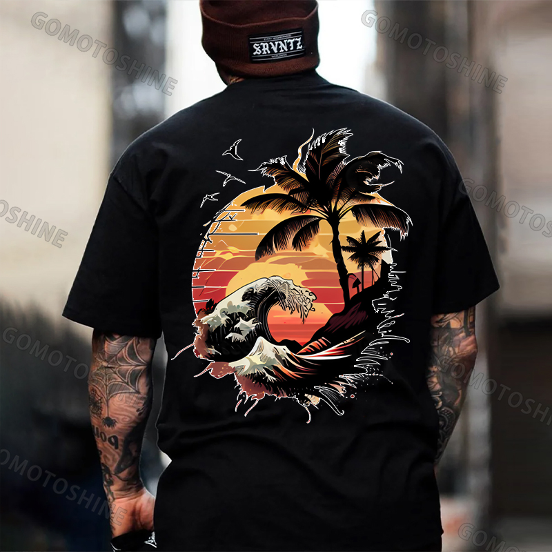 Seaside Sunset Tree and Flying Birds White Print T-Shirt