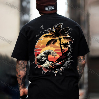 Seaside Sunset Tree and Flying Birds White Print T-Shirt